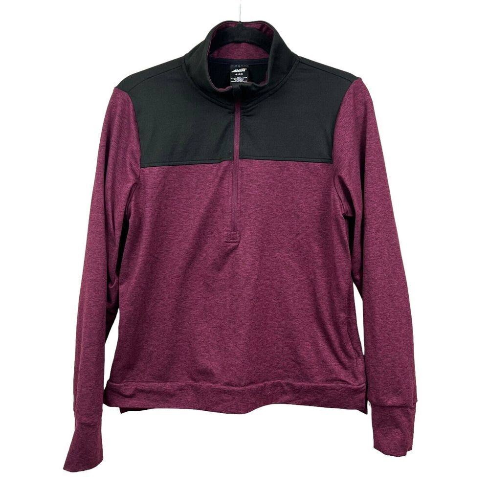 AVIA Women Active Sweater Mock Neck Quarter Zip Thumbholes Burgundy Black S 4-6*